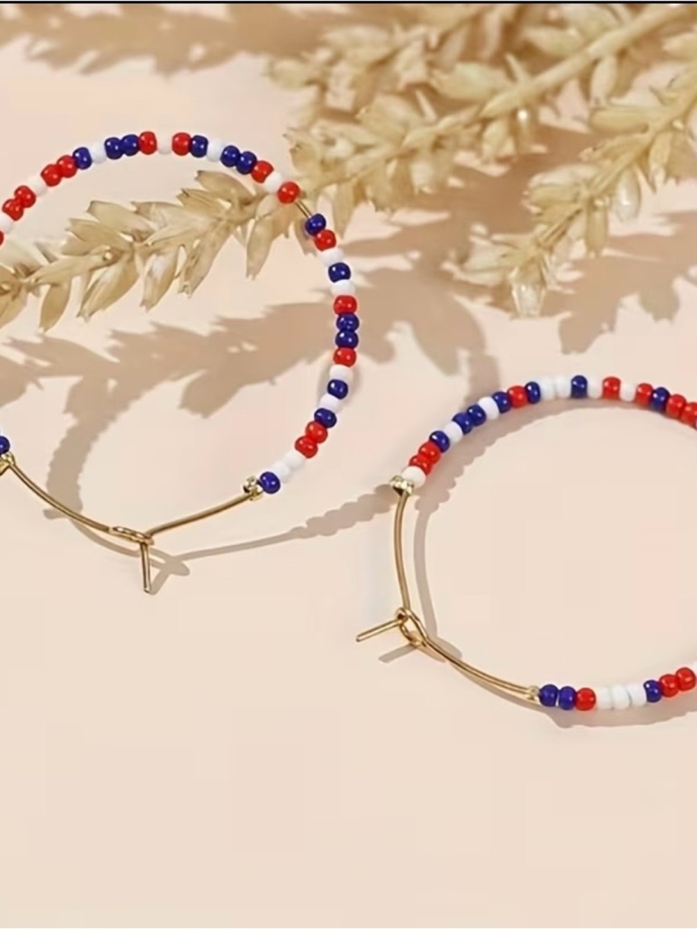 Gold Hoop Earrings with Red, White & Blue Seed Beads - Picture 2 of 4
